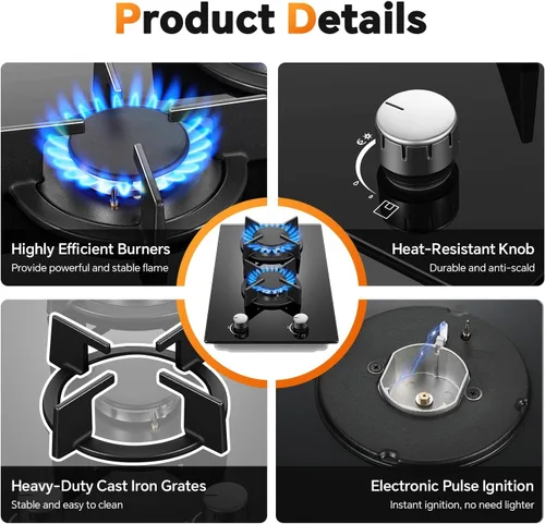 Miniatura 3 de Estufa de Gas de 2 Quemadores, Placa de Cocina de Propano de 12 Pulgadas, Placa de Cocina de Gas Empotrable de Vidrio Templado Negro con Protección