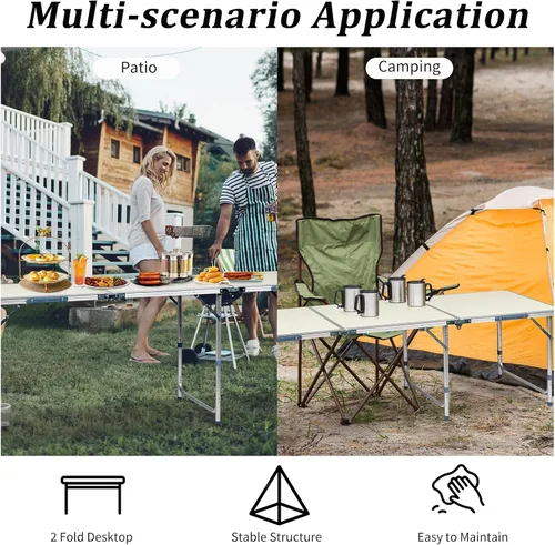 Miniatura 5 de Outvita Mesa de camping plegable portátil de 6 pies, mesa de altura ajustable impermeable para exteriores, mesa plegable de maleta ligera de Plateado