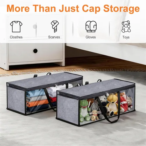 Miniatura 7 de KIMBORA Organizador de 2 piezas de sombreros anchos para gorras de béisbol con 2 asas resistentes, soporte para sombreros, caja de tapa gris