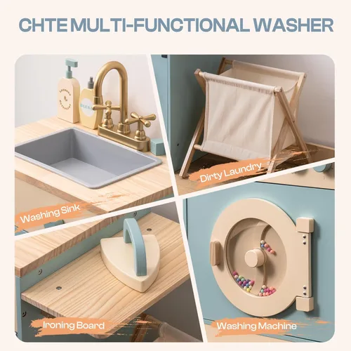 Miniatura 4 de ROBOTIME Juego de lavadora de cocina de juguete, lavadora de juguetes de madera para niños con cesta de ropa, plancha y fregadero, juguete de cocina