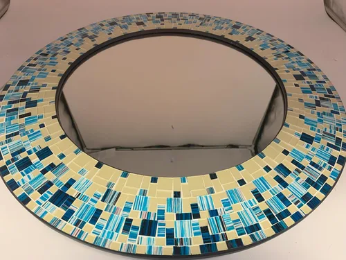 Miniatura 3 de Espejo de mosaico, arte de pared hecho a mano, mosaico beige y azul, marco de 24 pies, redondo de 15 pies para pasillo, dormitorio, baño, sala