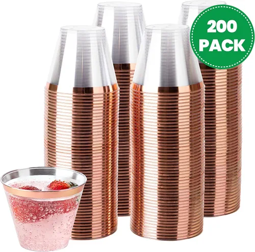 Miniatura 7 de PLASTICPRO 9 onzas Vasos de plástico desechables para fiesta, vasos de diseño antiguo, cristal transparente (transparente con borde de oro rosa, 200)