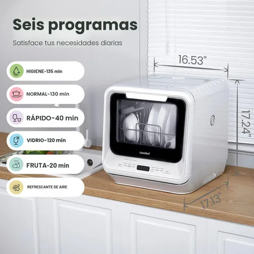 Miniatura 5 de COMFEE' Lavavajillas Portátil de Encimera con Tanque de Agua Integrado de 5L, No Necesita Conexión, 6 Programas, Rociado Dual de 360°, Función