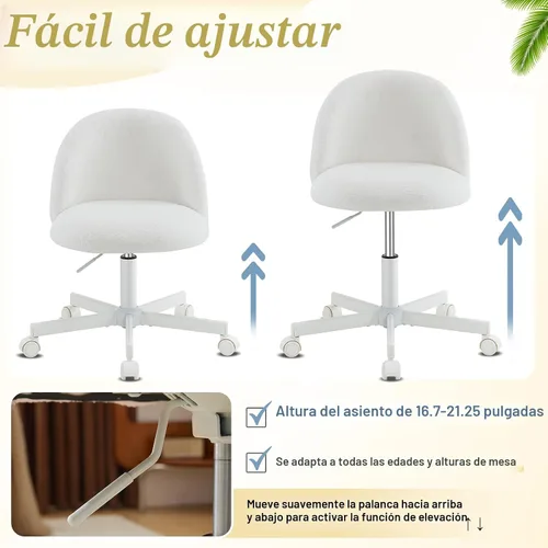 Miniatura 6 de VINGLI Silla de tocador moderna con respaldo, silla de escritorio de terciopelo para niñas, silla de oficina pequeña con ruedas silenciosas, Blanco