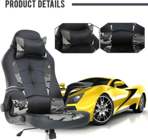 Miniatura 5 de Silla de escritorio ergonómica para videojuegos, de piel sintética, con reposacabezas y reposabrazos, Cuero falso, Camo