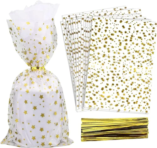 Miniatura 32 de 100 bolsas de regalo de celofán con estampado de estrellas, de 6 x 10 pulgadas, bolsas de regalo de celofán, bolsas de regalo de fiesta, bolsas