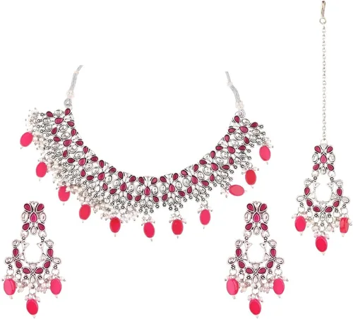Efulgenz Jewelry Sets for Women Necklace Earrings and Maangtikka Bohemian Indian Oxidized Vintage Bridal Sets Faux Pearl Kundan Choker Necklace