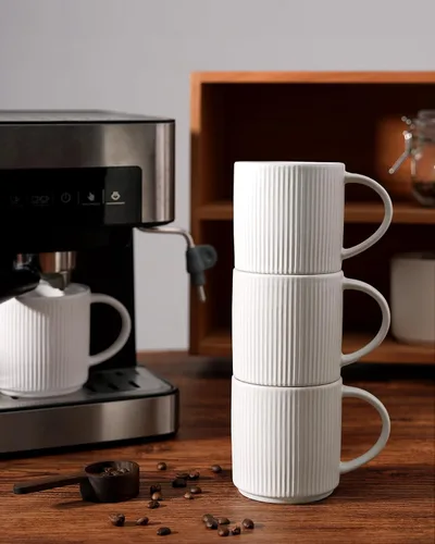 Miniatura 7 de Juego de Tazas de Café Famiware para 6, Tazas de 12 oz con Asa para Café, Té, Cacao, Leche - Juego de Vajilla de Cerámica y Gres, Blanco Mate Blanco