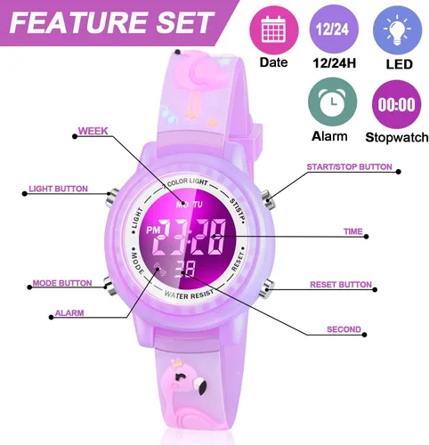 Miniatura 9 de Relojes LED impermeables para niños con alarma, juguetes para niños, regalos para niñas de 3 a 10 años