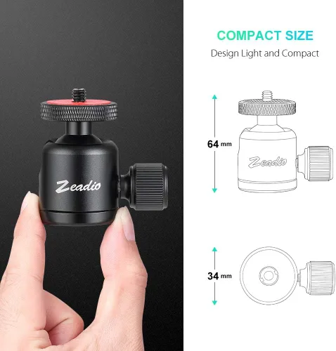 Miniatura 4 de Zeadio Mini cabeza de bola, con montaje de tornillo de 1/4" y 3/8" para cámaras, DSLR, monopie, deslizador