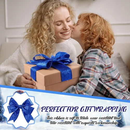 Miniatura 5 de 2 Rollos 20 Yardas Cinta de Navidad con Alambre Cinta Gruesa con Purpurina Cinta Metálica con Alambre para Envolver Regalos Cinta de Árbol