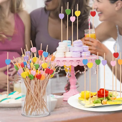 Miniatura 6 de JtmyAota 100 unidades de palillos de dientes de bambú con forma de corazón, púas de cóctel de bambú naturales para aperitivos, pastel de frutas, Rosa