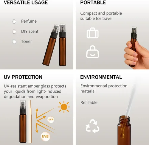 Miniatura 5 de Paquete de 25 botellas de perfume de viaje con atomizador a granel de 0.3 fl oz, botella vacía hidratante (ámbar)