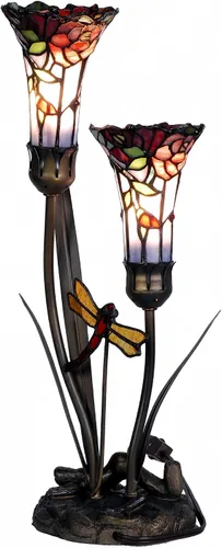 Bieye L10620 - Lámpara de mesa Tiffany con acento de vidrio teñido estilo Tiffany con flores de lirio y libélula, de 19 pulgadas de altura