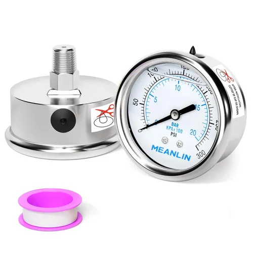 Miniatura 35 de MEANLIN MEASURE Medidor de presión de acero inoxidable relleno de líquido de 0 ~ 100 psi con junta de acero inoxidable 316, esfera de cara NPT