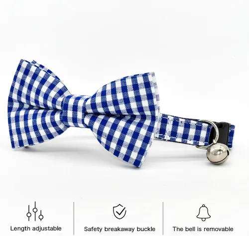 Miniatura 3 de Collar de Gato Azul con Diseño de Búfalo a Cuadros, Conjunto de Lazo para Boda/Cumpleaños, Collar Separable para Gatito