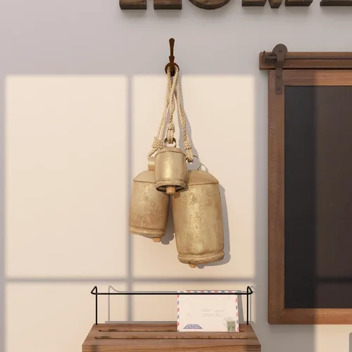 Miniatura 4 de Deco 79 - Campanas de vaca gigantes XL decorativas de metal dorado con cuerda de yute para colgar, juego de 3 campanas de 10 pulgadas, 8 pulgadas