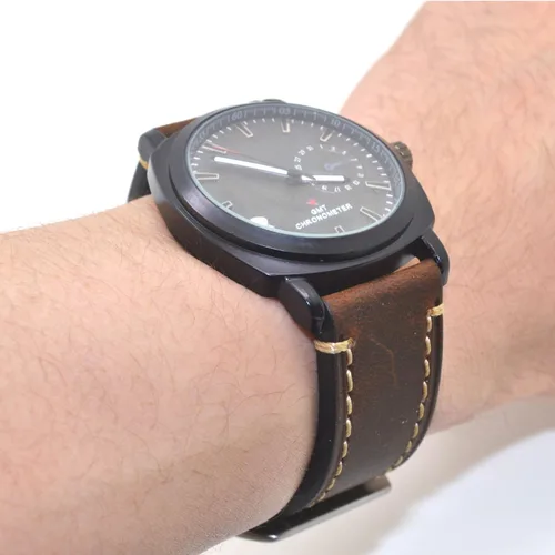Miniatura 6 de Correa de reloj de pulsera de cuero genuino marrón oscuro de 0.945 in para hombres con hebilla de acero inoxidable