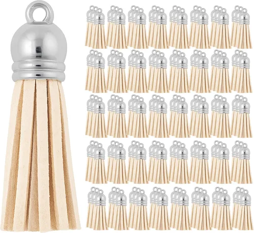 Miniatura 83 de Mandala Crafts 100 borlas de gamuza sintética color aguamarina con tapa dorada, suministros para hacer llaveros a granel, pequeñas borlas de cuero