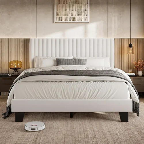 Miniatura 15 de Einhomn Base de cama tamaño Queen con cabecero, base de cama tapizada de lino con listones de madera maciza, sin ruido, no necesita somier, fácil