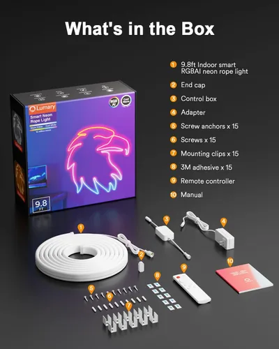 Miniatura 9 de Lumary Luz inteligente RGBAICW de neón para interiores, luces LED de 9.8 pies para dormitorio, funciona con Alexa/Google Assistant, 180 LEDs/m RGB