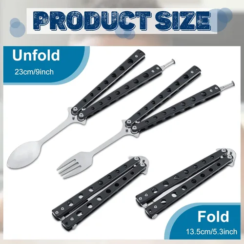 Miniatura 2 de Flutesan Juego de 2 Piezas de Tenedor y Cuchara Mariposa, Cuchara Táctica Mariposa Plegable de Acero Inoxidable Conjunto de Utensilios Spork