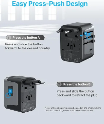 Miniatura 3 de VINTAR - Adaptador de viaje universal, adaptador de corriente internacional con 6A, 3 USB C y 2 puertos USB, adaptador de enchufe esencial de viaje