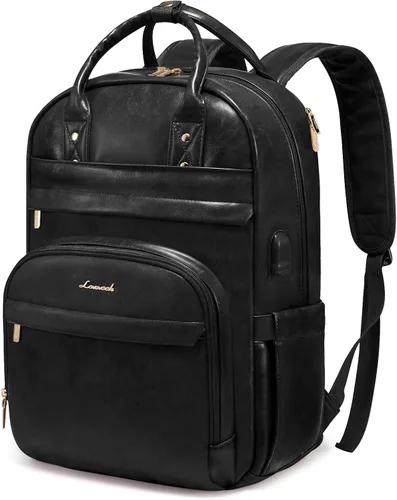 LOVEVOOK Mochila vintage para computadora portátil de piel sintética de 15.6 pulgadas, negro, 25L, resistente al agua, puerto de carga USB