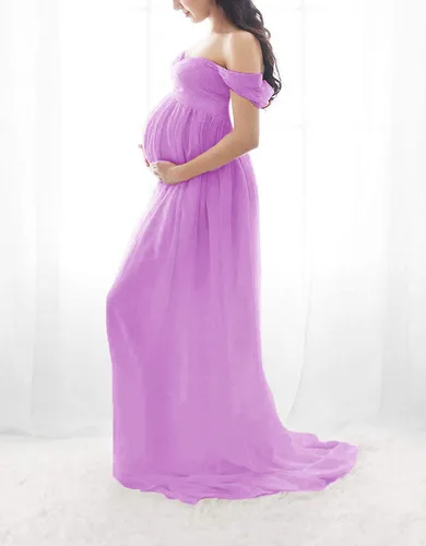Miniatura 2 de ZIUMUDY Vestido de gasa de maternidad con hombros descubiertos para sesión de fotos, vestido largo de encaje frontal dividido para fotografía