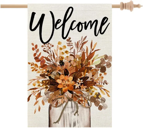 Miniatura 11 de CROWNED BEAUTY Bandera de jardín de otoño, frasco Mason floral de 12 x 18 pulgadas, doble cara para exterior, pequeña bienvenida de arpillera