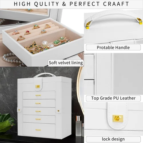 Miniatura 5 de AKOZLIN Organizador funcional de joyería de 6 niveles con 5 cajones, estuche de almacenamiento de joyas de cuero para mujeres y niñas, anillo