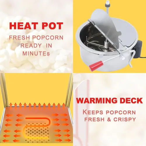 Miniatura 5 de Máquina comercial de palomitas de maíz con carrito y ruedas, máquina para hacer palomitas de maíz con hervidor de acero inoxidable de 22 onzas, Rojo