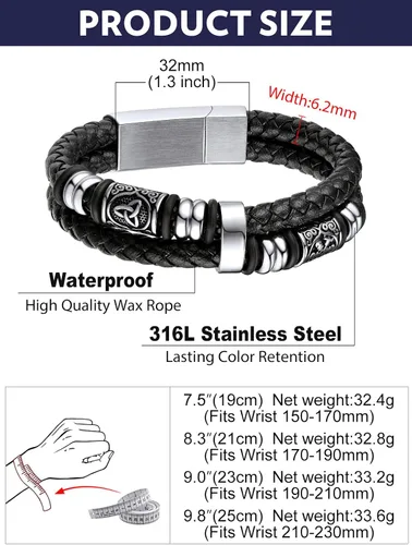 Miniatura 6 de Bandmax Pulseras de Puño de Cuerda de Cera Doble Negra para Hombres Impermeables de Acero Inoxidable Estilo Nórdico Nudo Celta Cuentas Pulsera