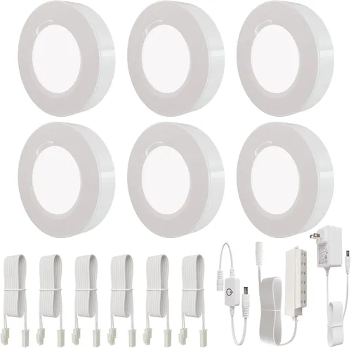 Kit de luces LED de disco con cable, luces regulables debajo del gabinete, carcasa de aluminio con interruptor táctil, paquete de 6 unidades de 18 W