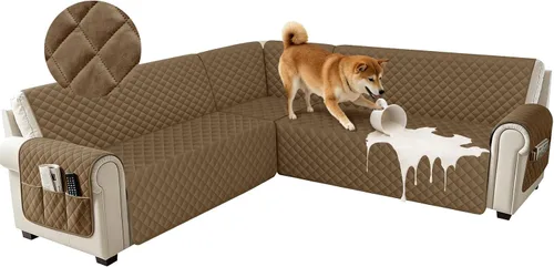 Miniatura 24 de Fundas impermeables para sofá seccional de esquina en forma de L, de terciopelo, juego de 6 piezas, funda en forma de U para sofá, para perros