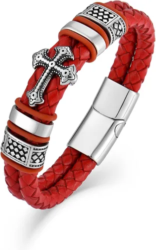 Raymard Pulsera de cuero de doble fila cristiana para hombre - negrorojodorado y azul marino trenzado pulsera para hombres
