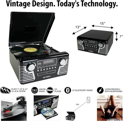 Miniatura 4 de Victrola Haley - Reproductor de discos retro Bluetooth y centro multimedia con altavoces integrados - Tocadiscos de 3 velocidades, reproductor
