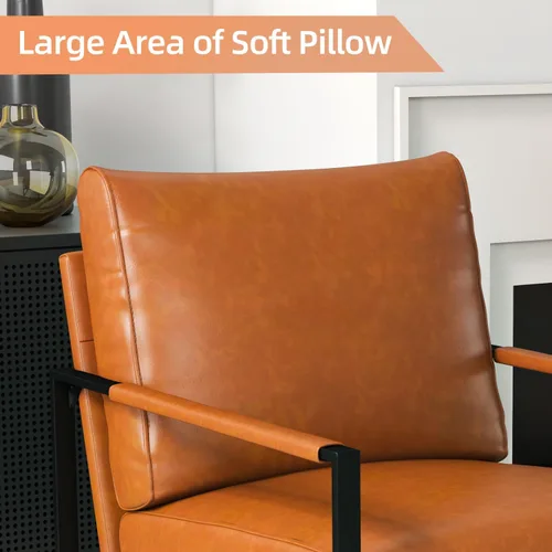 Miniatura 7 de INZOY Silla decorativa de cuero con marco de metal, cómoda silla de sala de estar con respaldo y cojín, silla moderna de mediados de siglo con Marrón