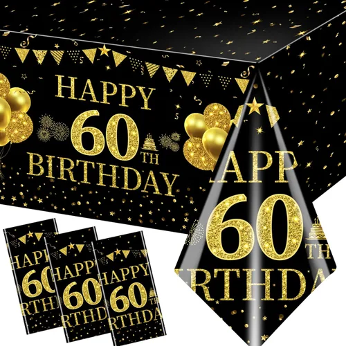 3 manteles decorativos de cumpleaños de 60 años, color negro y dorado, mantel rectangular de feliz cumpleaños 60 para recuerdos de fiesta de