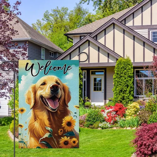 Miniatura 3 de Balgardekor Bandera de jardín de perro de verano Golden Retriever de doble cara de bienvenida para perro, girasol de temporada, decoración floral