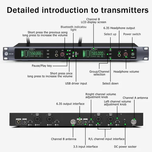 Miniatura 3 de W IN-MIX EM200 UHF Sistema de monitor intrauditivo inalámbrico - 2 canales con 6 paquetes mono IEM System, tecnología PLL, rango de 300 pies