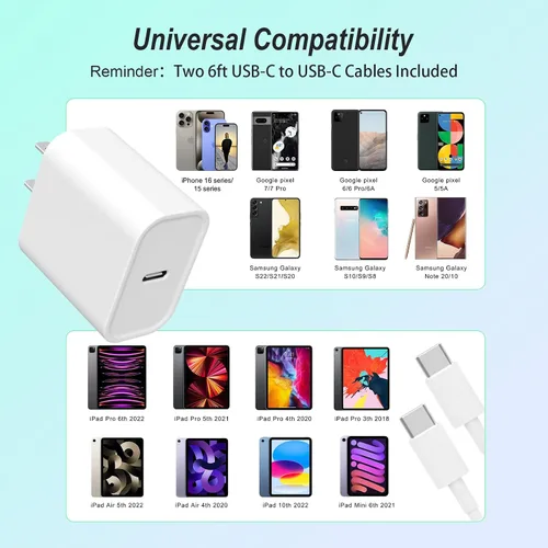 Miniatura 6 de Cargador para iPhone, paquete de 2 bloques de carga rápida USB C de 20 W con 2 cables USB-C a C de 6 pies para iPhone 17 16 15 Plus/Pro/Pro Max/iPad
