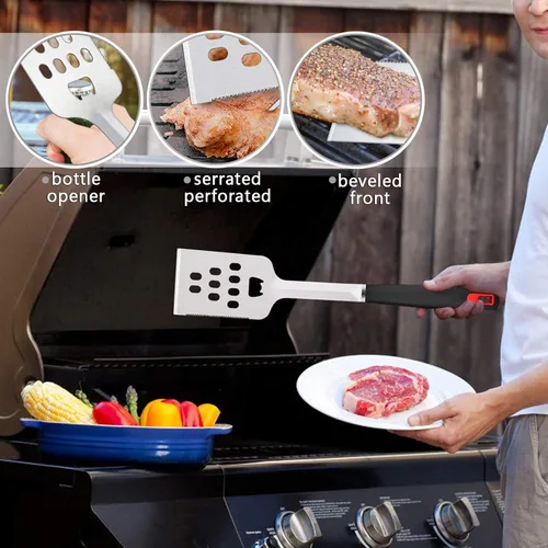Miniatura 5 de HaSteeL Juego de 7 accesorios para parrilla de barbacoa, juego de herramientas de parrilla de acero inoxidable con bolsa de almacenamiento, espátula