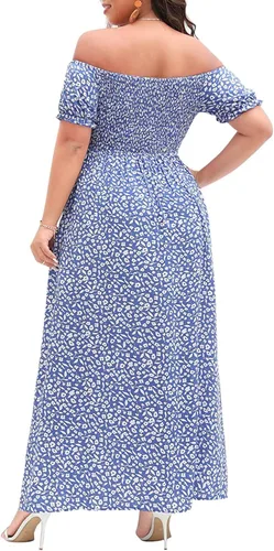 Miniatura 2 de Vestido bohemio para mujer, talla grande, estampado floral, hombros descubiertos, fruncido, dividido, vestido largo de verano