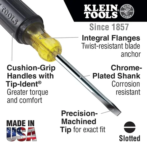 Miniatura 2 de Klein Tools 605-4 desarmador con punta de gabinete de 1/4 pulgadas, fabricado en EE. UU., mango redondo resistente de 4 pulgadas