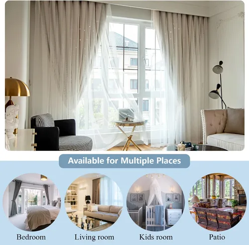 Miniatura 7 de Loyala Cortinas opacas de doble capa con diseño de estrellas para dormitorio de niños, bonitas, 63 pulgadas de largo, juego de 2 paneles, beige, 42