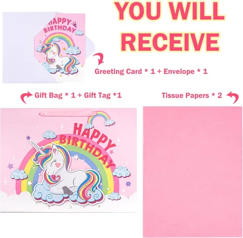 Miniatura 3 de WRAPAHOLIC Bolsa de regalo de cumpleaños extra grande de 16 pulgadas con tarjeta y papel de seda, unicornio de fantasía feliz cumpleaños Unicornio