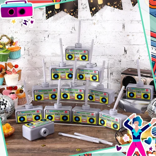 Miniatura 4 de Mifoci 24 piezas de decoraciones de fiesta de los años 80 y 90 con pajitas, vaso de radio de plástico reutilizable de 10 onzas a granel