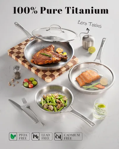 Miniatura 2 de Sartén de titanio, sartén profesional martillada de titanio puro de 12 pulgadas con tapa, sartén no tóxica para cocinar, utensilios de cocina sin