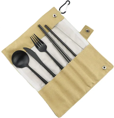 Miniatura 9 de Juego de cubiertos de viaje de acero inoxidable 18/10 con 7 cubertería portátil para camping, saludables y respetuosos con el medio ambiente